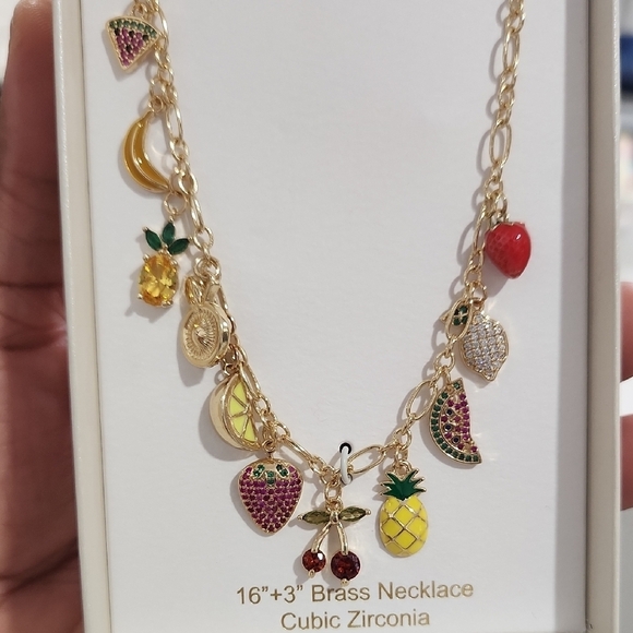 🍒🔹️ Persimmon🔹️ Gold Tone Charm 16" Necklace with Colorful Fruit Accents - Picture 4 of 7